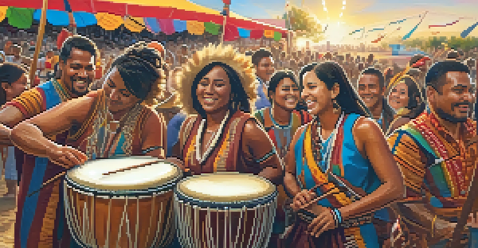 A lively Indigenous music festival with diverse musicians playing traditional instruments and people dancing, set against a sunset backdrop.