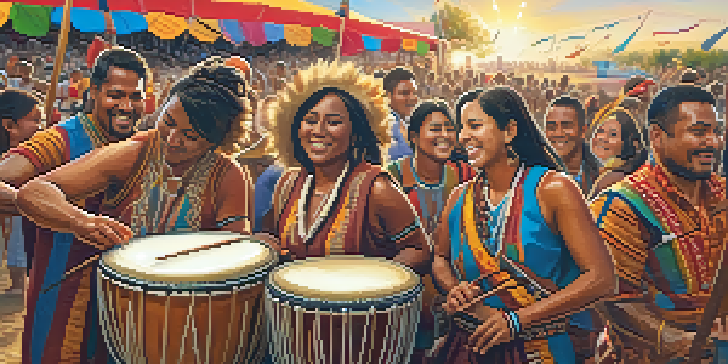 A lively Indigenous music festival with diverse musicians playing traditional instruments and people dancing, set against a sunset backdrop.