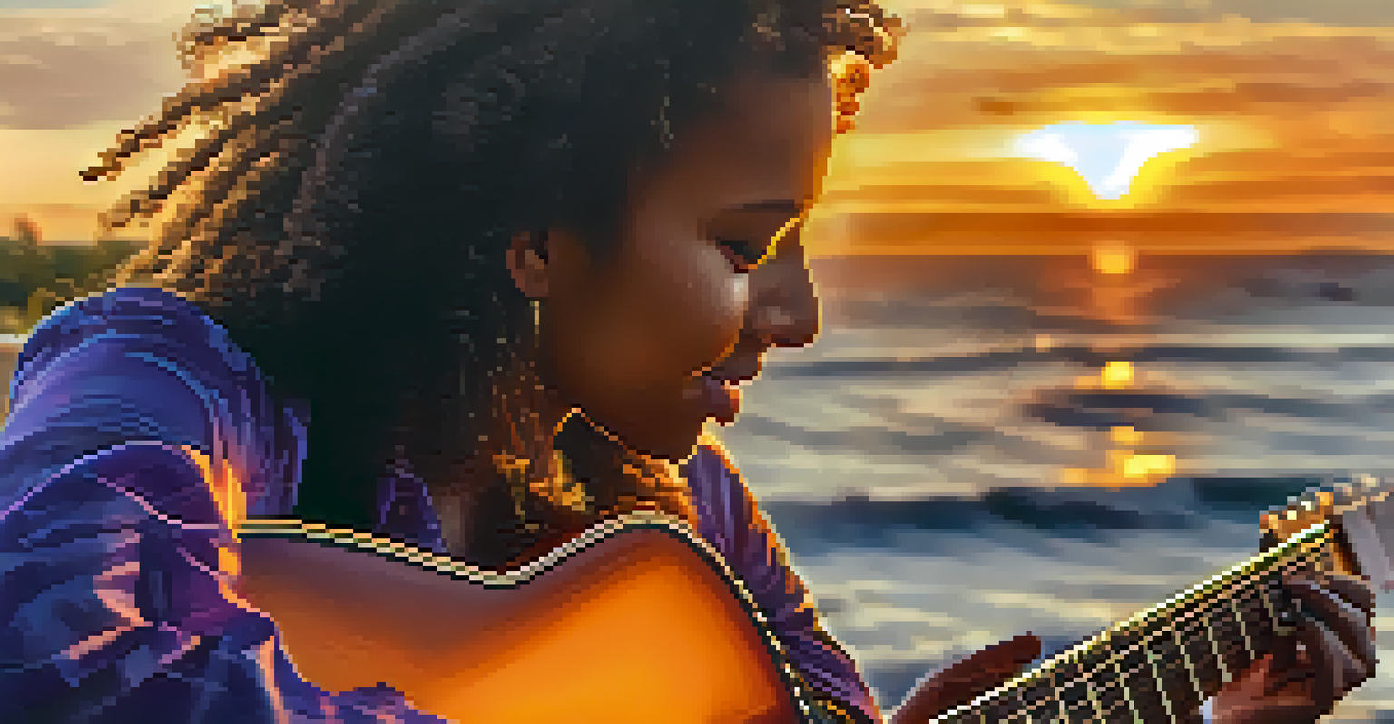 A person playing guitar at sunset, with warm colors illuminating their face and creating an emotional atmosphere.
