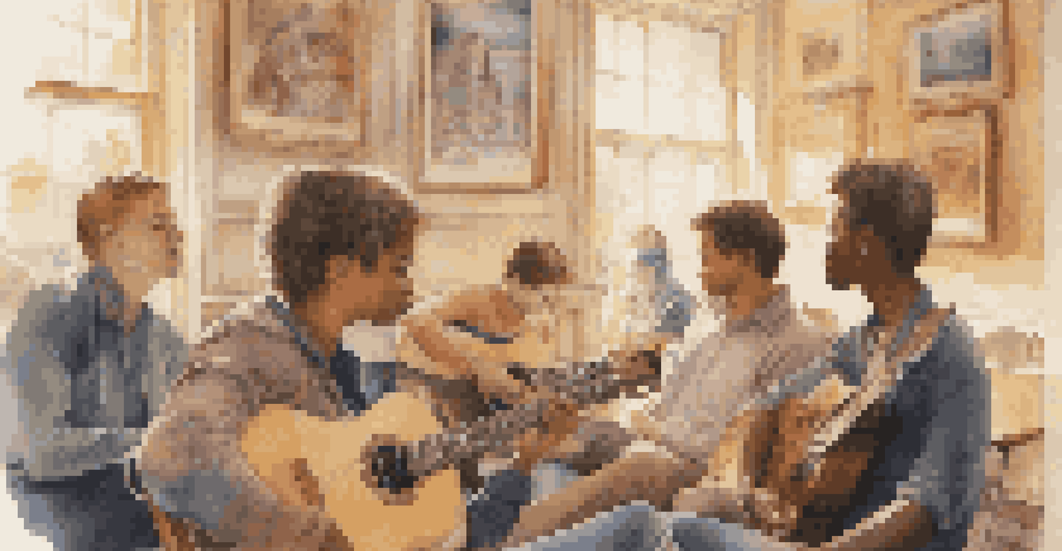 A young person playing the guitar while peers listen attentively in a cozy, sunlit room decorated with musical art.