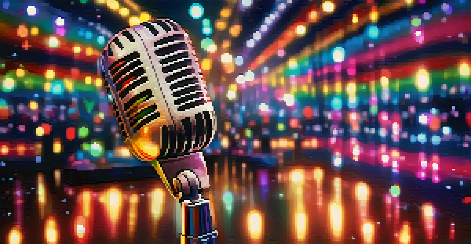 A close-up of a vintage microphone illuminated by rainbow lights, symbolizing the connection between music and gender identity. The background features blurred textures of fabric and musical notes.