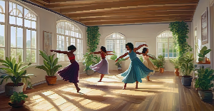 A group of adults dancing in a sunlit studio, surrounded by plants and colorful fabrics, expressing emotions through movement.
