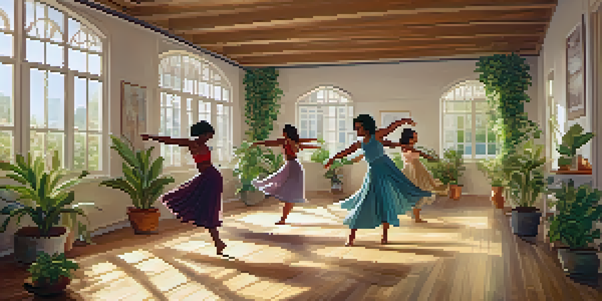A group of adults dancing in a sunlit studio, surrounded by plants and colorful fabrics, expressing emotions through movement.