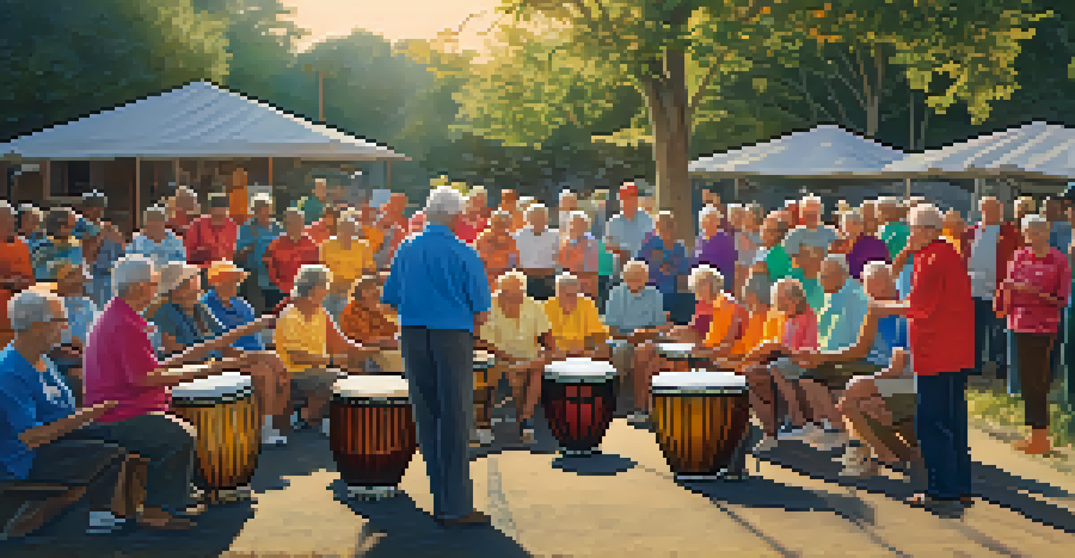 Seniors participating in a vibrant outdoor drumming session at sunset, showcasing joy and community spirit.