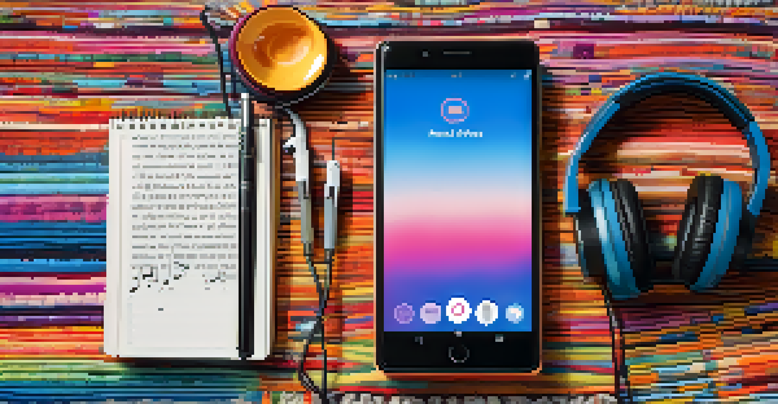 A flat lay of a notepad with playlist ideas, headphones, and a smartphone on a colorful background, depicting a musical workspace.