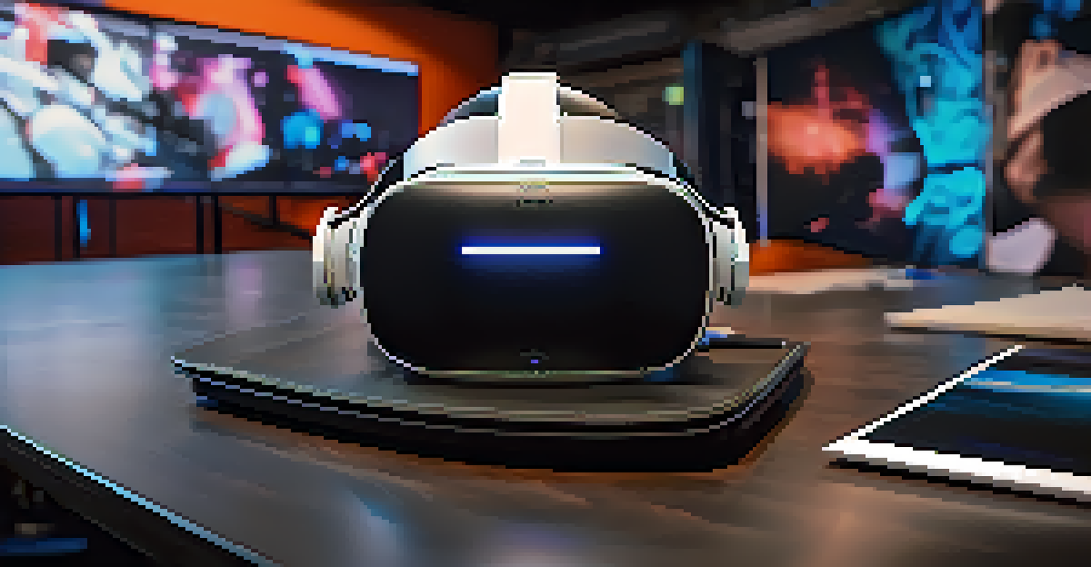 Close-up of high-quality VR equipment, including a VR headset and camera, in a modern creative workspace.