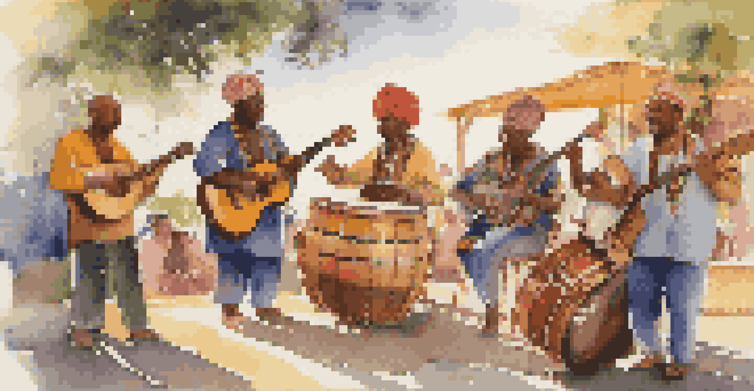 A diverse group of musicians in colorful costumes collaborating outdoors, using gestures and body language to communicate, under warm sunlight.
