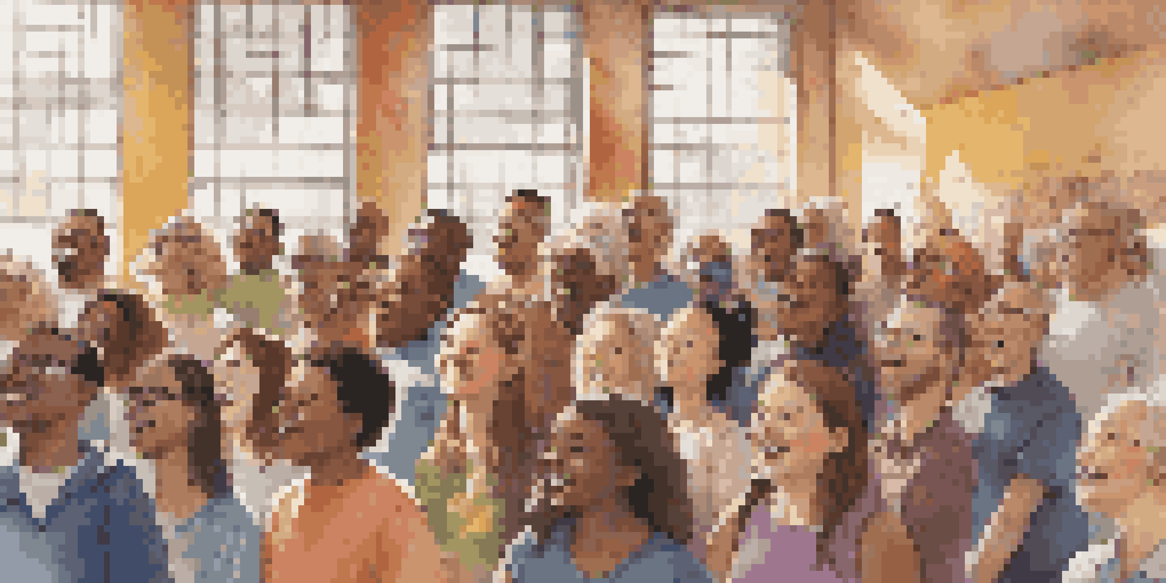 A diverse group of people singing together in a bright urban studio, surrounded by colorful music posters and warm sunlight.