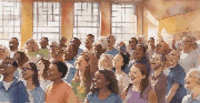 A diverse group of people singing together in a bright urban studio, surrounded by colorful music posters and warm sunlight.