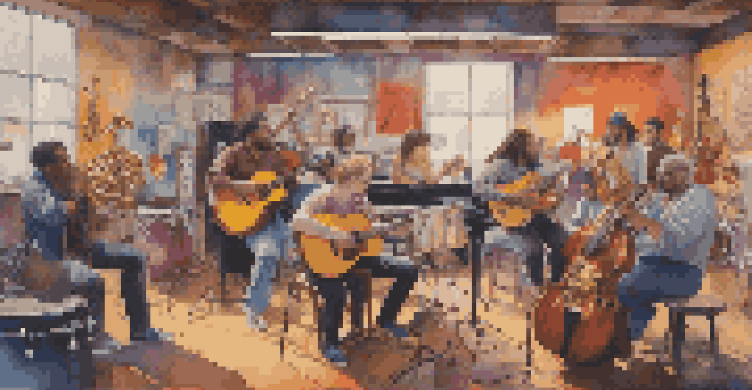 A diverse group of musicians collaborating in a studio filled with instruments and colorful posters.