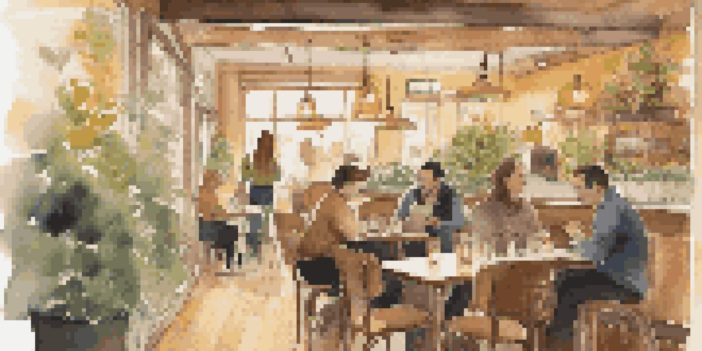 A warm and inviting cafe with customers enjoying drinks and reading, with soft jazz music and warm lighting.