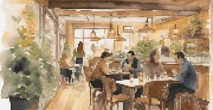 A warm and inviting cafe with customers enjoying drinks and reading, with soft jazz music and warm lighting.