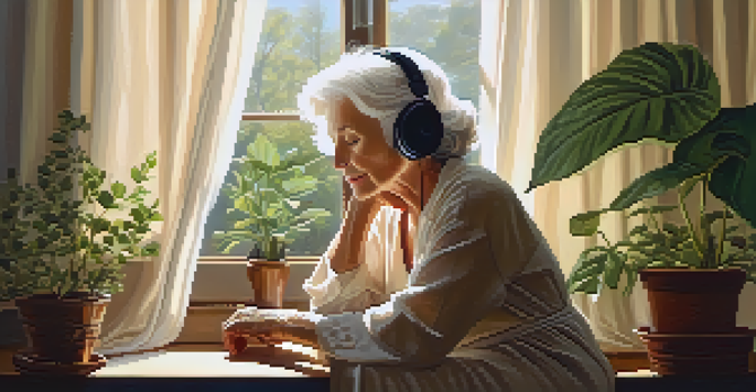 An elderly woman enjoying music in a bright, cozy room filled with plants and cushions, bathed in natural sunlight.