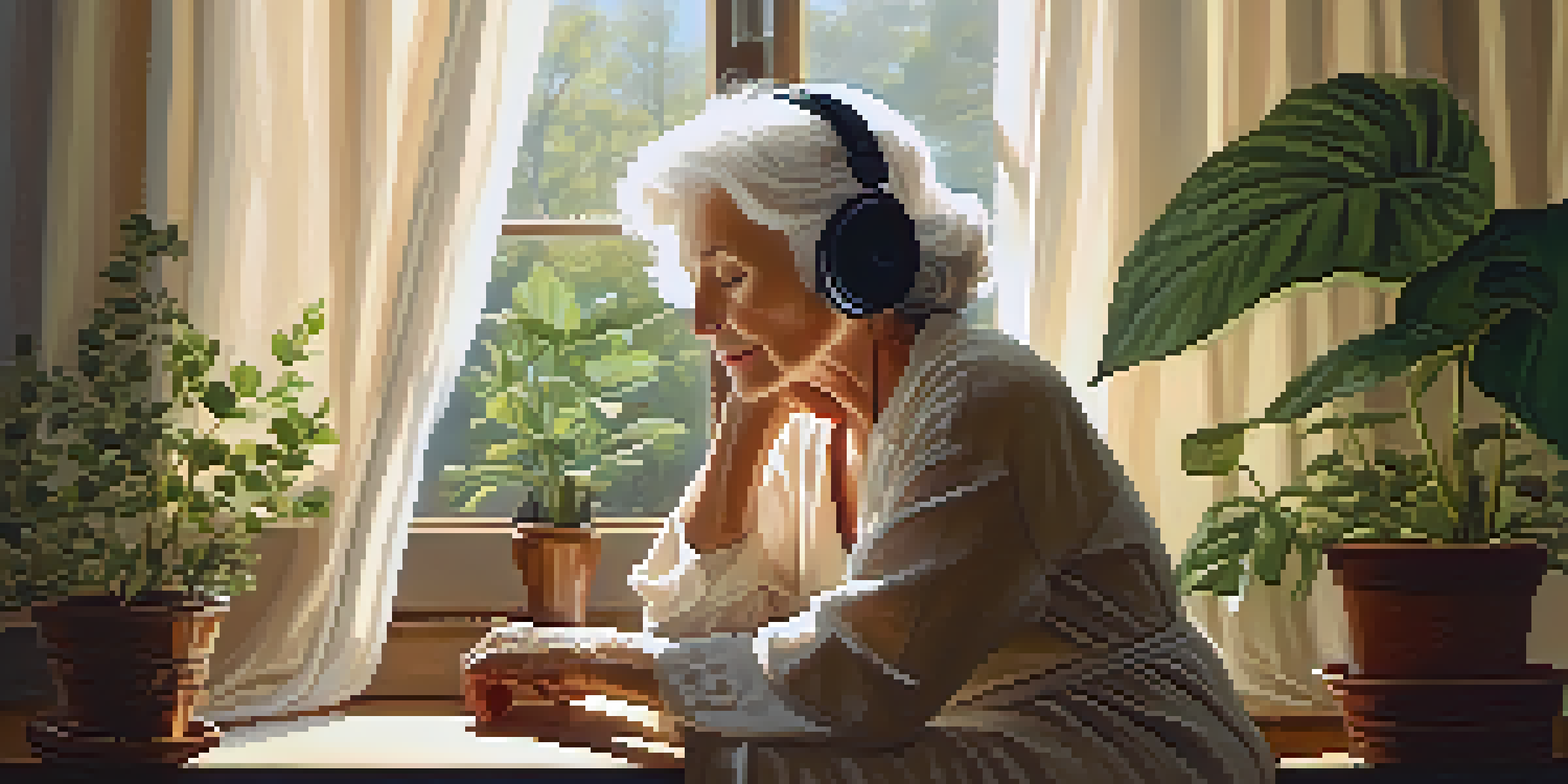 An elderly woman enjoying music in a bright, cozy room filled with plants and cushions, bathed in natural sunlight.
