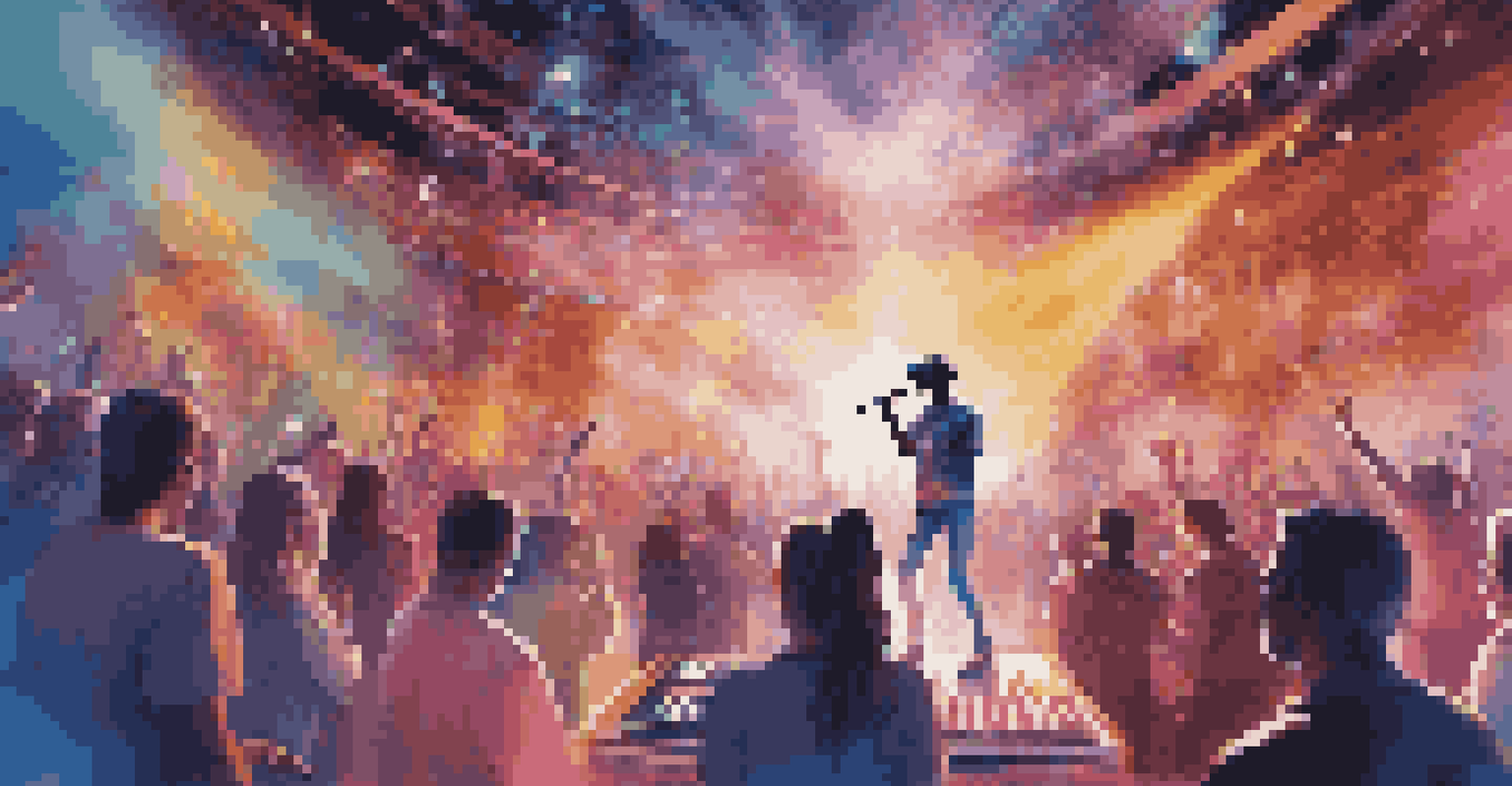 A virtual reality concert with a musician on a floating stage, surrounded by vibrant visuals and an engaged audience.