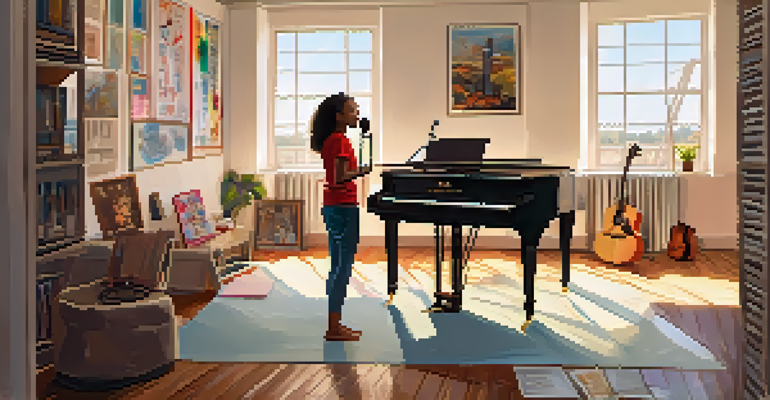 A vocal coach guiding a young singer in a bright studio, emphasizing the importance of warm-up exercises in vocal training.