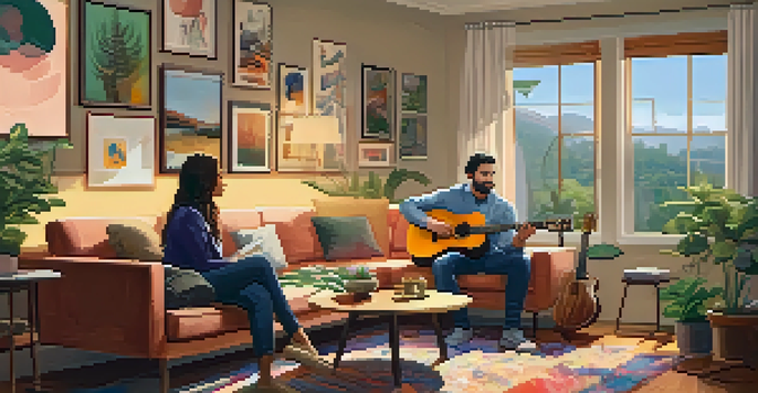 A music therapy session with a therapist playing guitar for a client in a cozy, warmly lit room decorated with colorful artwork and plants.