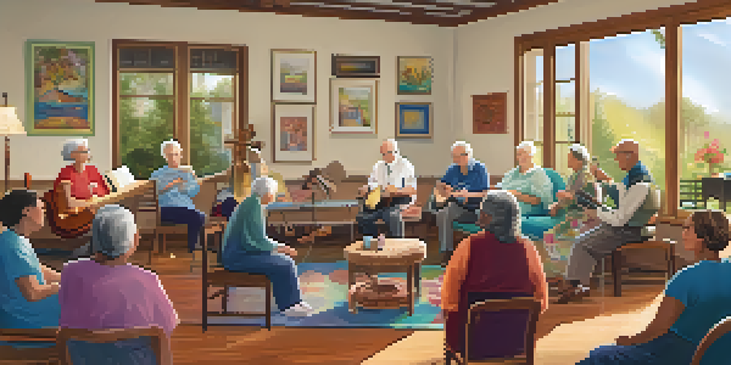 Seniors singing in a warm, inviting room during a music therapy session, with a music therapist and various instruments present.