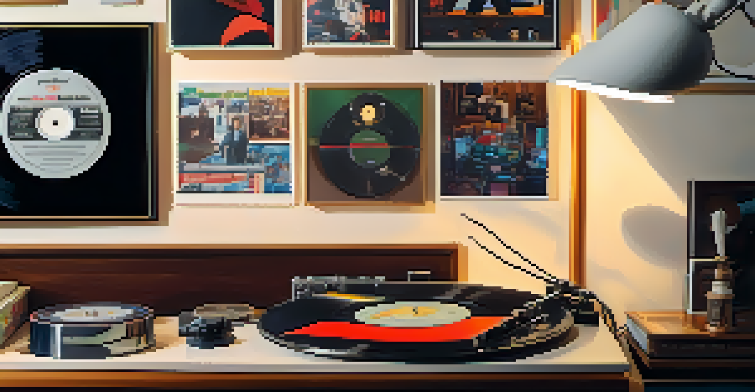 A close-up of a spinning vinyl record on a turntable, with warm light and a background of music memorabilia.