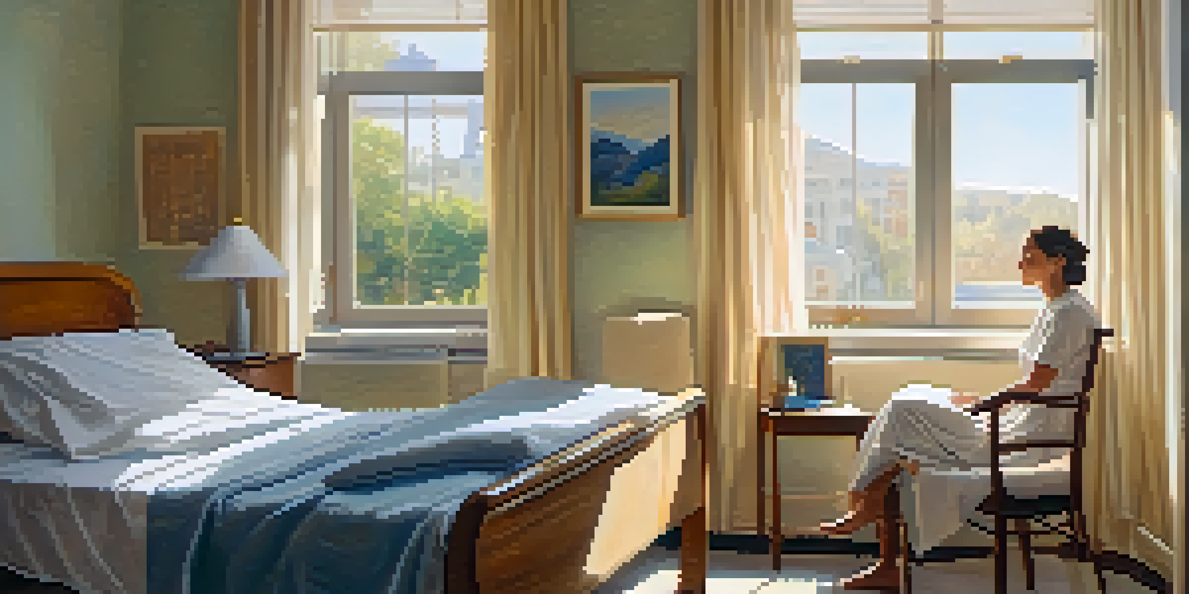 A hospital room with a patient in bed and a music therapist playing a harp, illuminated by soft sunlight.
