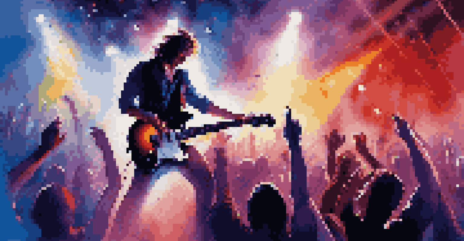 A musician playing an electric guitar on stage, surrounded by colorful lights and an excited crowd.