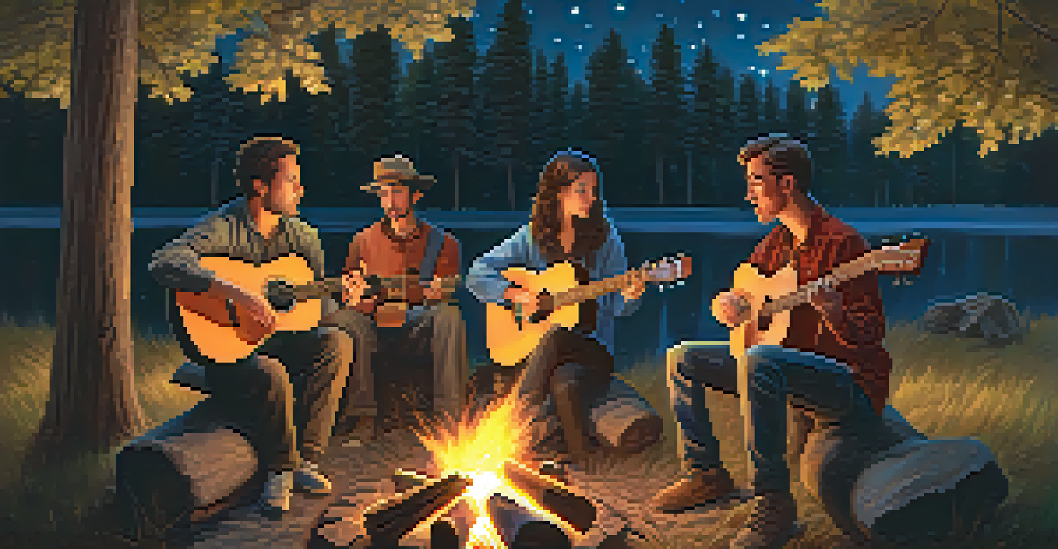 A group of friends around a campfire at dusk, playing music and singing, with trees and a starry sky in the background.