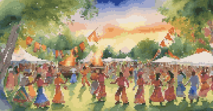 A lively festival with people in colorful outfits dancing around a bonfire, musicians playing folk instruments in the background under a sunset.