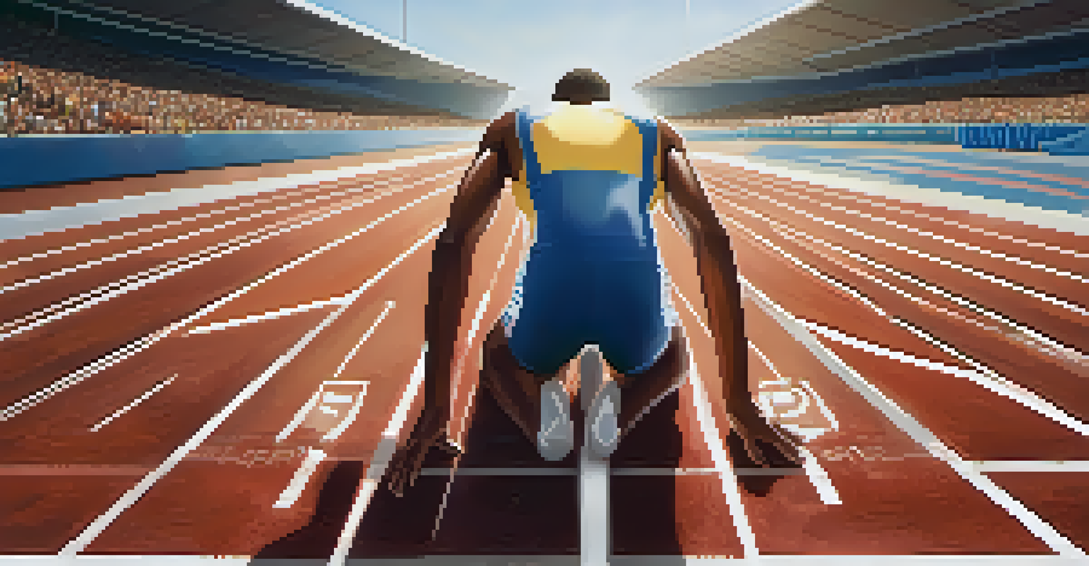 An athlete with closed eyes on a track, mentally preparing for a race in a bright stadium.