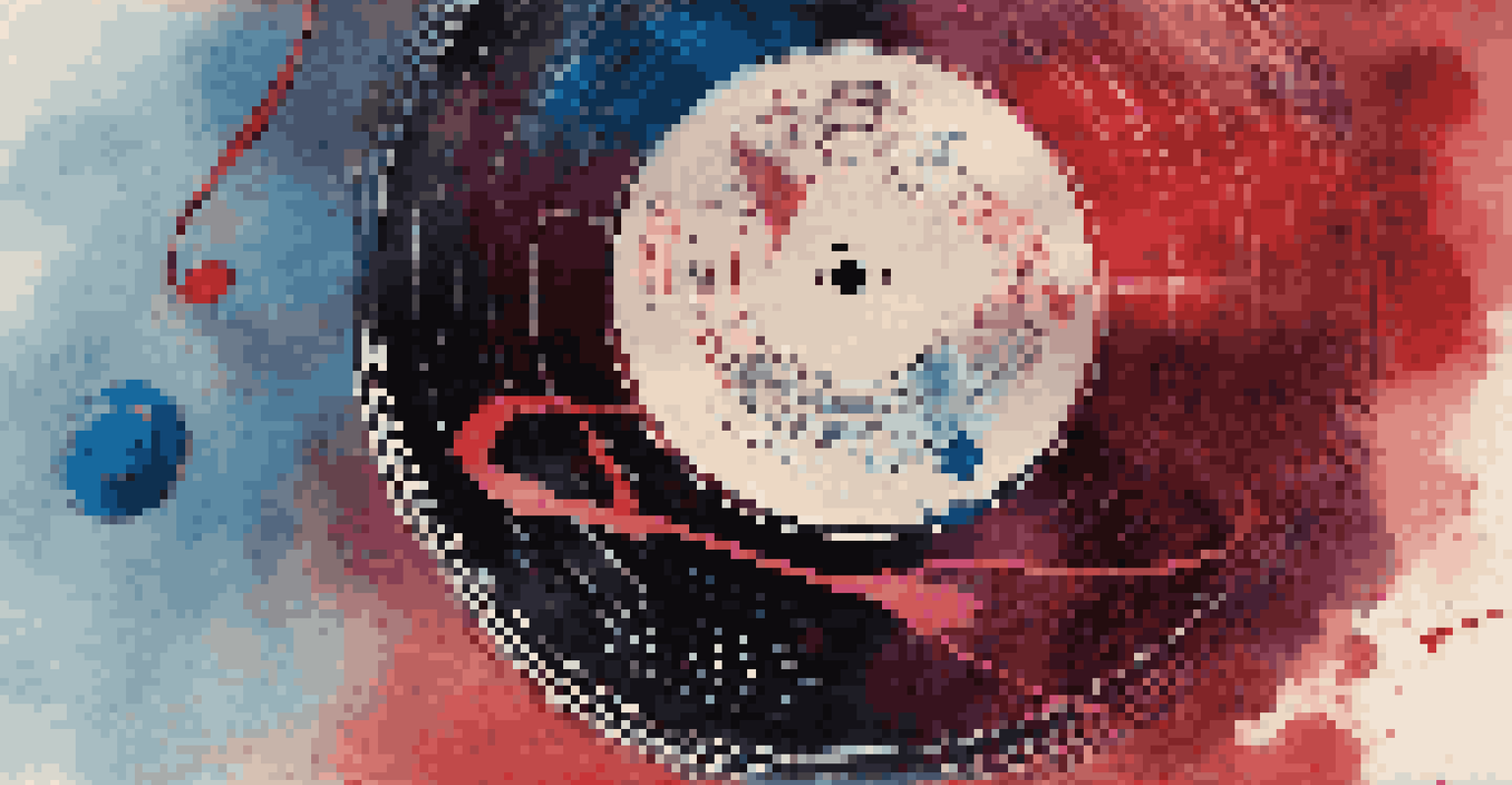 A vinyl record with musical notes transforming into political symbols against a gradient background of deep reds and blues.