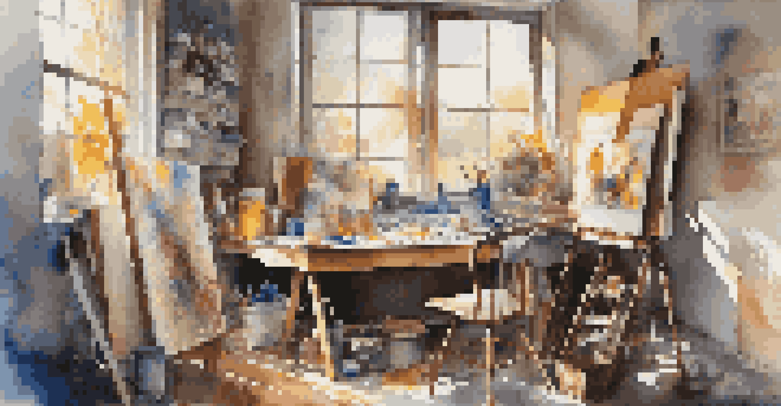 An artist's workspace with a colorful canvas, paint tubes, brushes, and sketches in bright natural light.