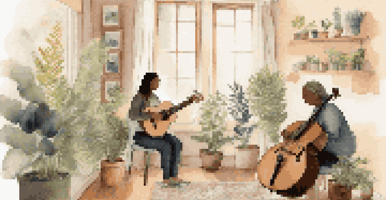 A music therapy session in a cozy room with a therapist and client making music together, surrounded by calming decor and plants.