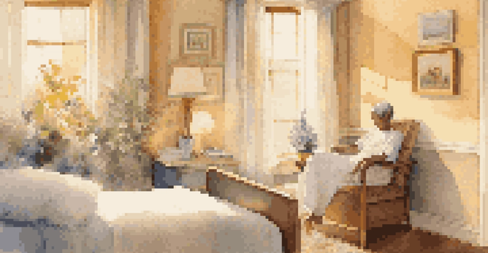 A tranquil hospice room with a patient resting in bed, a music player nearby, and a family member holding their hand.