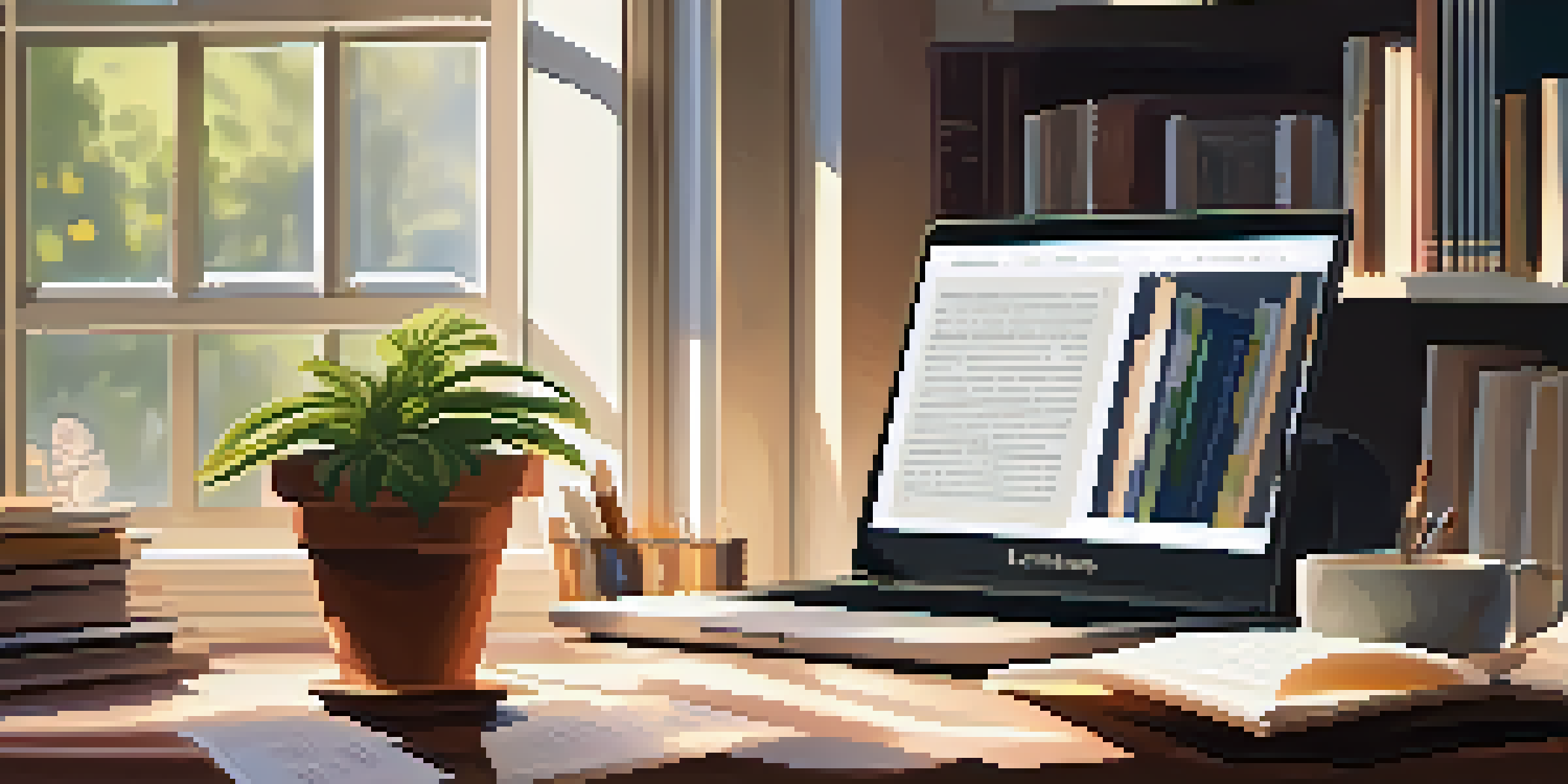 A cozy study area with a wooden desk, books, a plant, and a laptop displaying a classical music playlist, illuminated by soft morning light.
