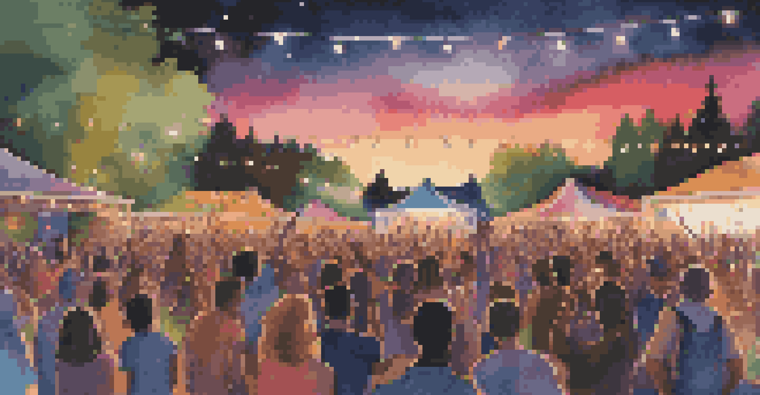 An outdoor music festival at dusk, with colorful lights, a band performing, and a diverse audience enjoying the music under a starry sky.