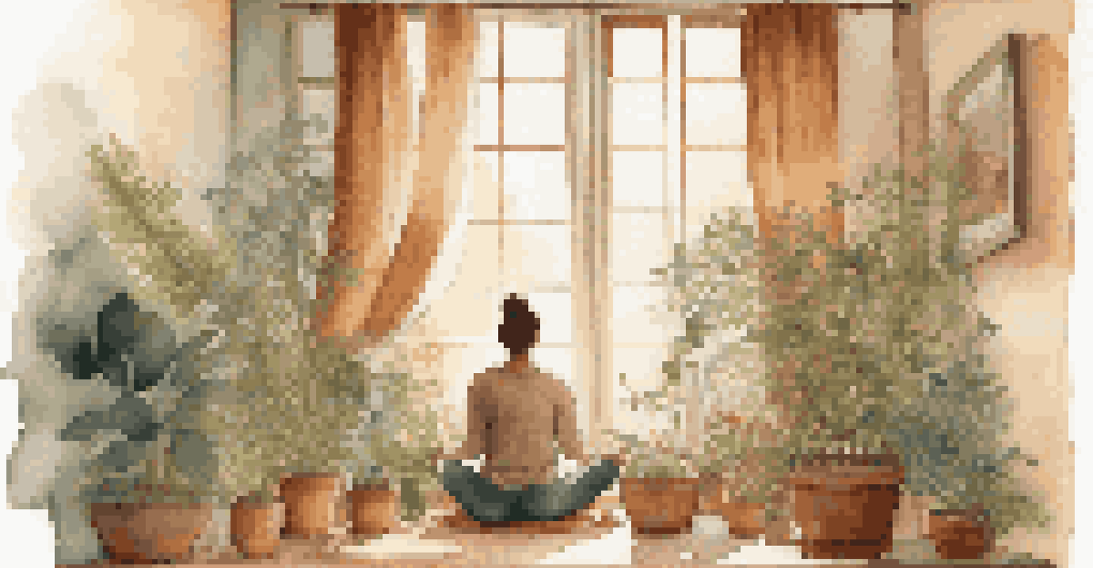 A person meditating by a window surrounded by plants, with warm lighting creating a calm and inviting atmosphere.