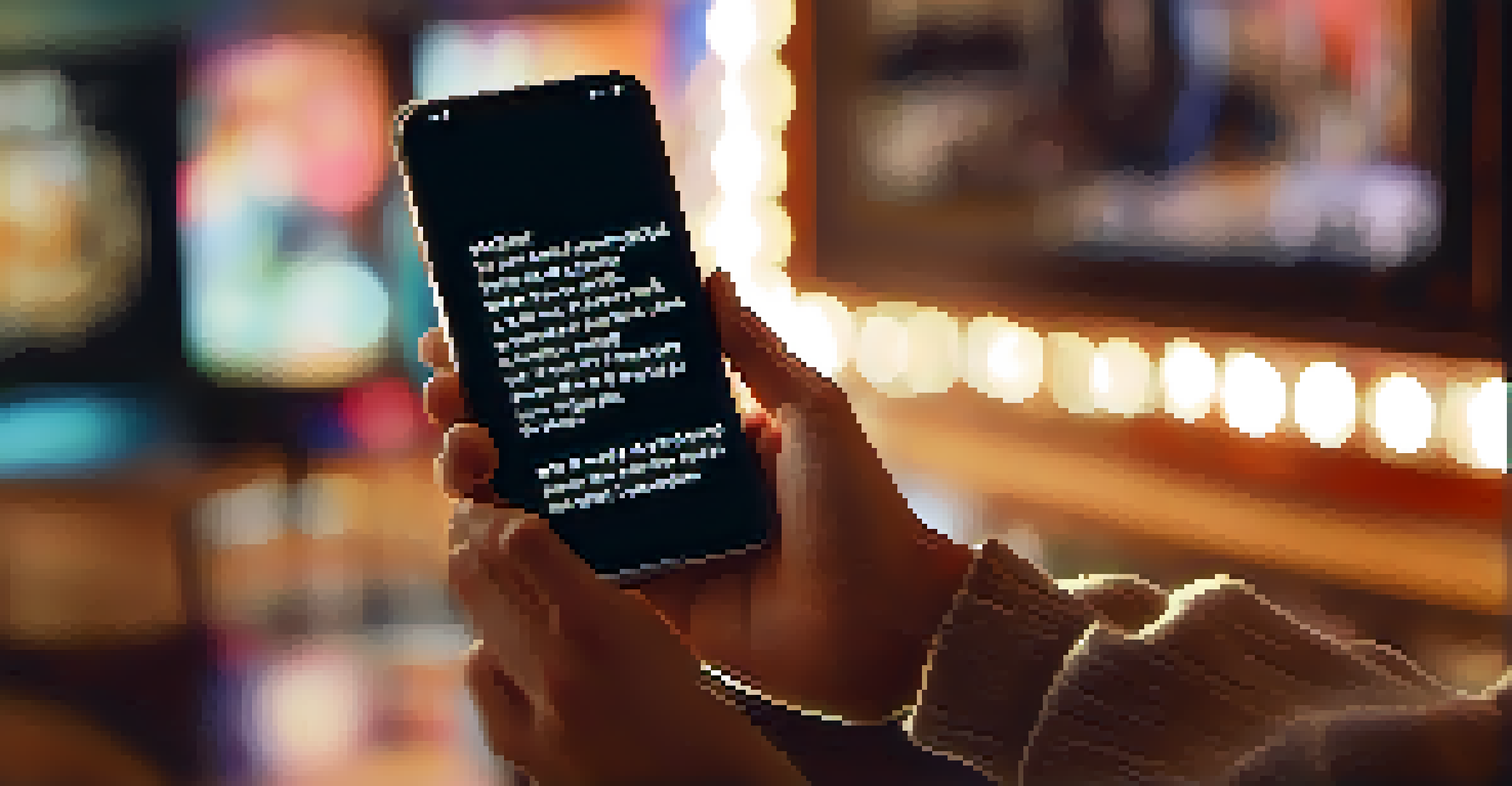 A close-up of a young person's hands holding a smartphone with song lyrics, set against a cozy room background.