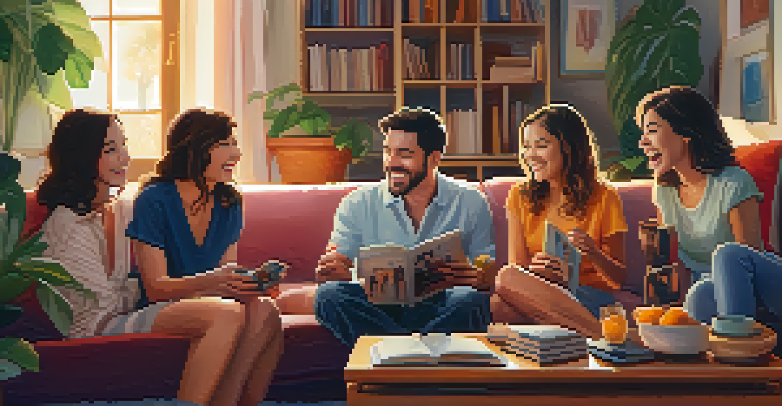 A group of friends enjoying music together in a warm living room, creating a joyful and connected atmosphere.