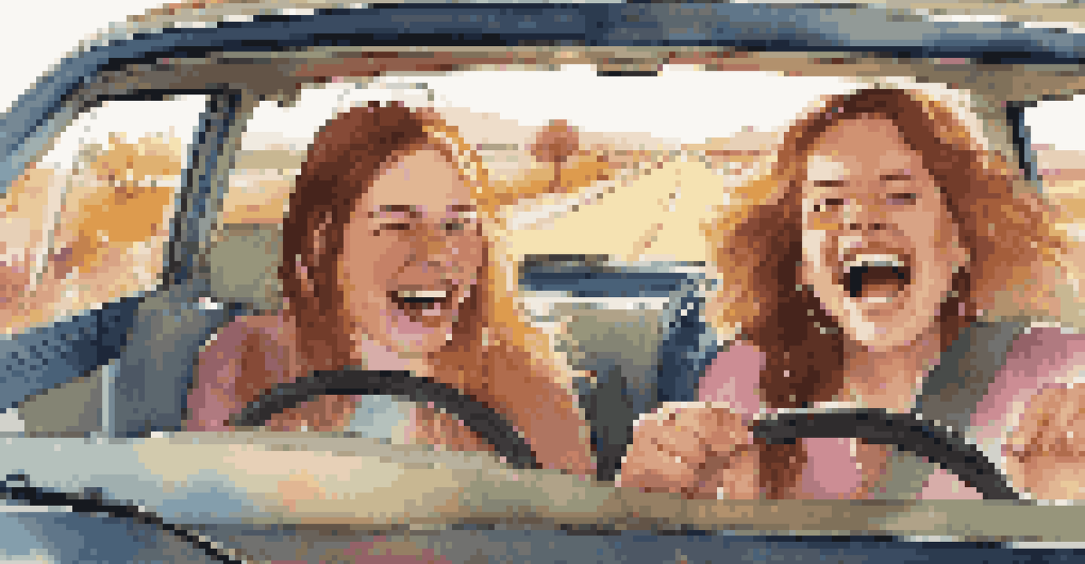 A group of friends singing and laughing in a car during a road trip, with sunlight streaming in and a scenic view outside.