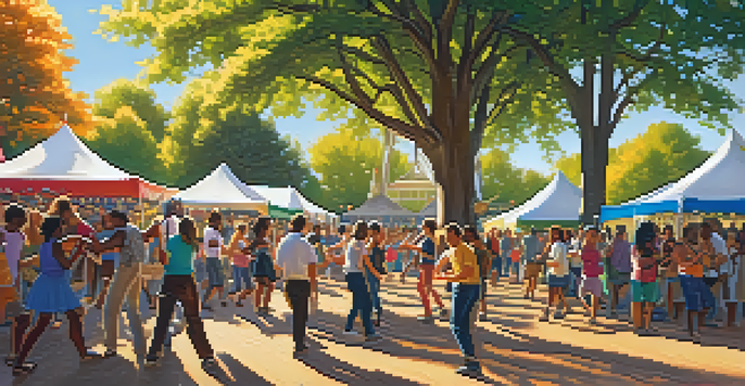 A lively community music festival with people dancing, colorful banners, and musicians on stage under sunlight filtering through trees.