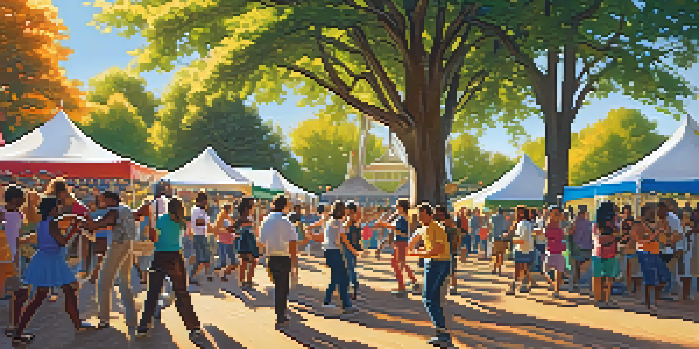 A lively community music festival with people dancing, colorful banners, and musicians on stage under sunlight filtering through trees.