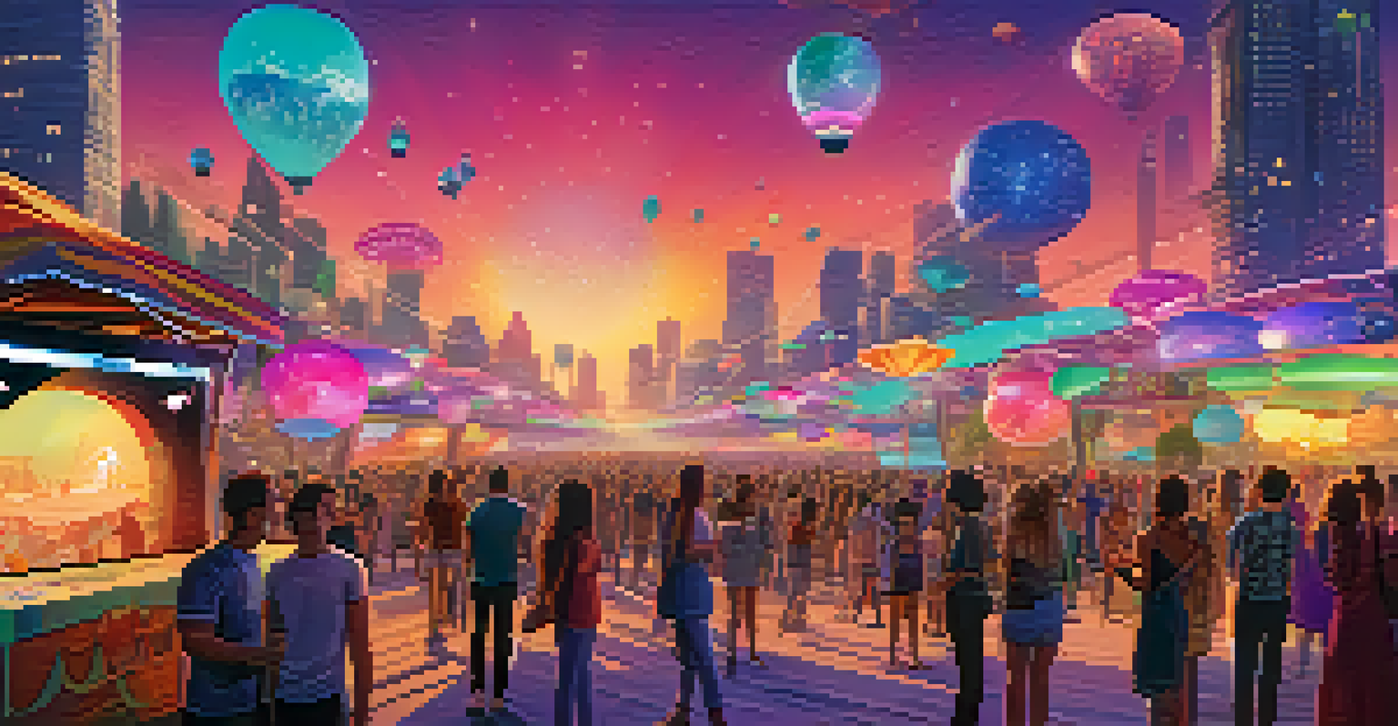 An outdoor festival with multiple stages and augmented reality installations, where attendees engage with various interactive AR experiences.