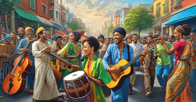 A lively street scene with musicians from various cultures performing together in colorful traditional attire, surrounded by an enthusiastic crowd.