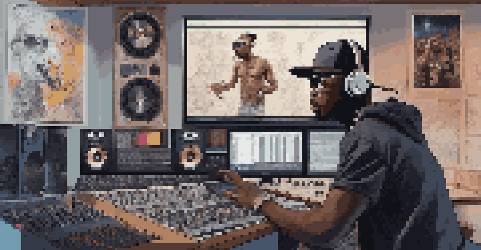 A hip-hop artist in a home studio, recording passionately with modern equipment, surrounded by posters of hip-hop legends.