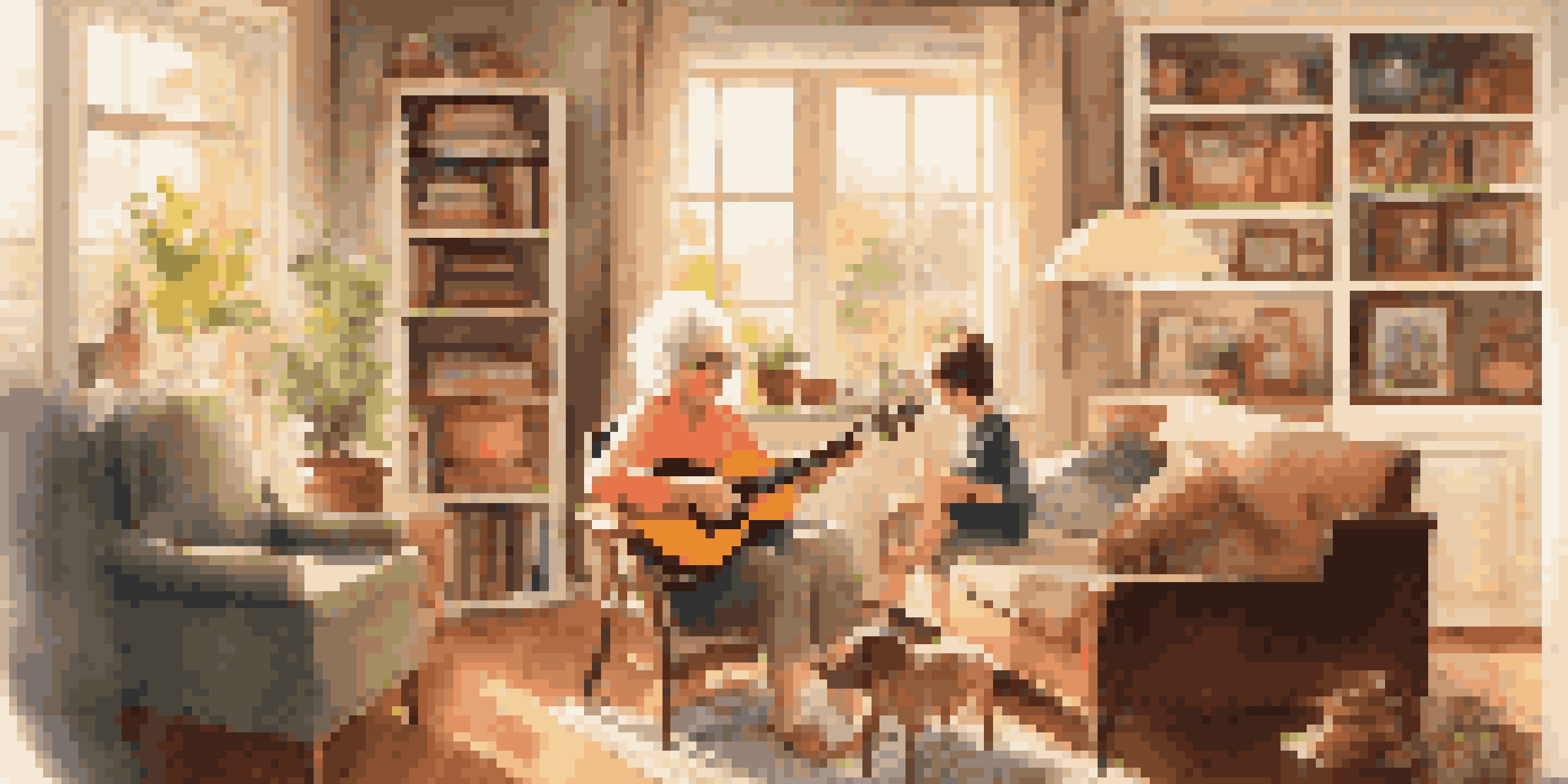 A grandmother and her grandchild enjoying music together in a cozy living room, with a vintage record player and family photos around them.