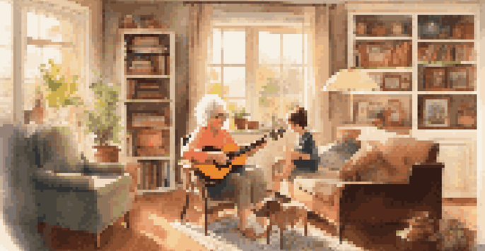 A grandmother and her grandchild enjoying music together in a cozy living room, with a vintage record player and family photos around them.