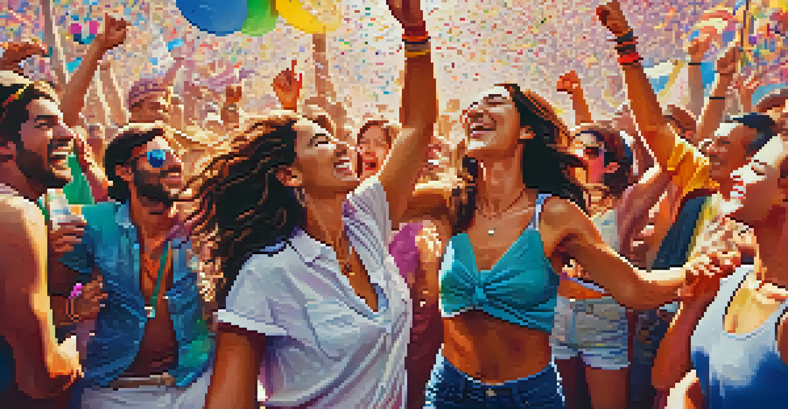 A close-up of friends dancing at a vibrant music festival with colorful decorations and confetti.