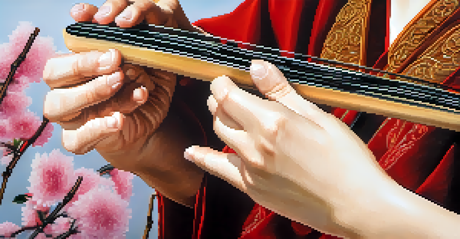 A close-up of hands playing a traditional Asian instrument, surrounded by softly blurred elements of nature like bamboo and cherry blossoms.