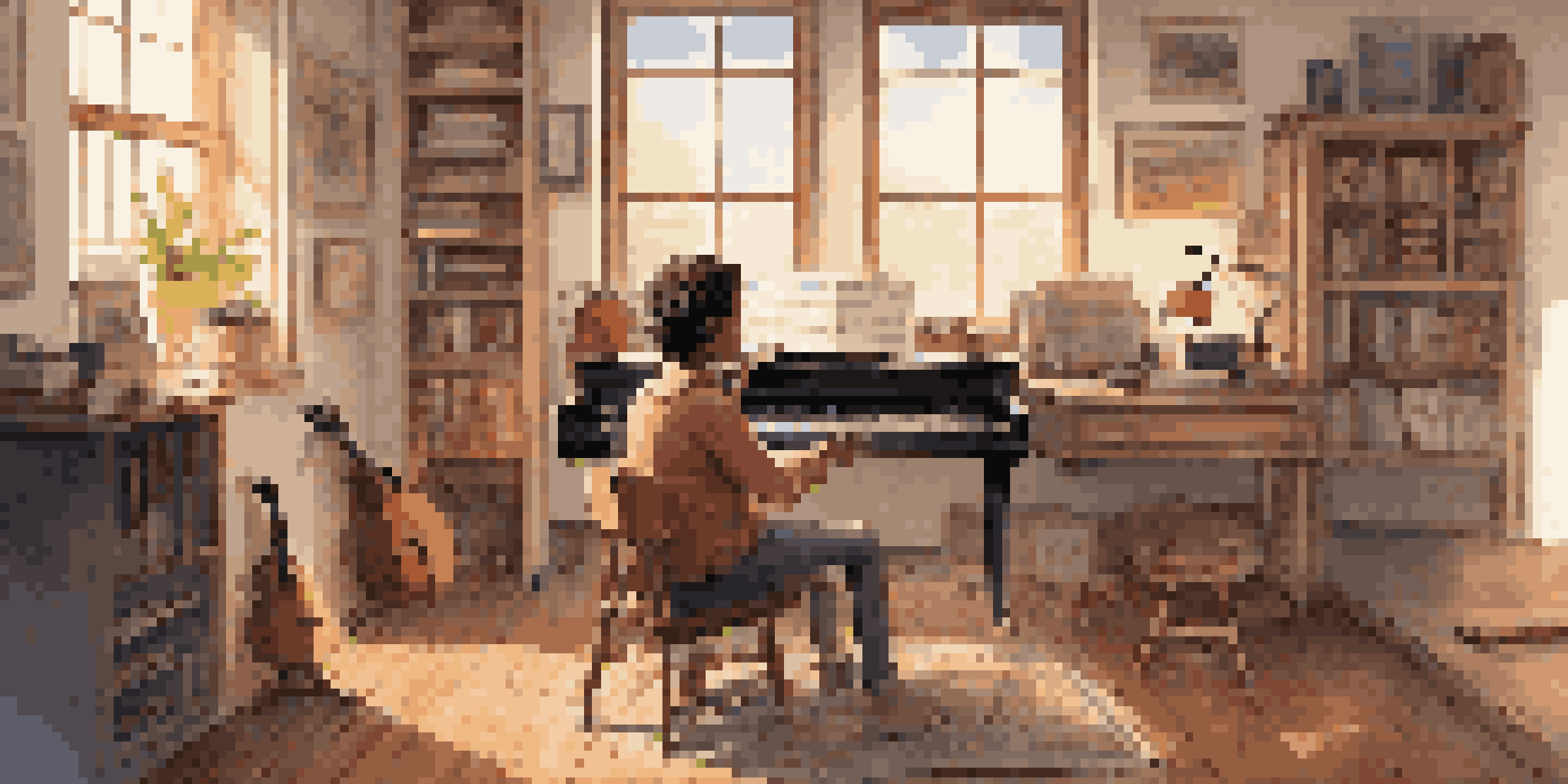 A young musician in a warm, inviting home office, engaged in an online music lesson with a guitar and sheet music around.