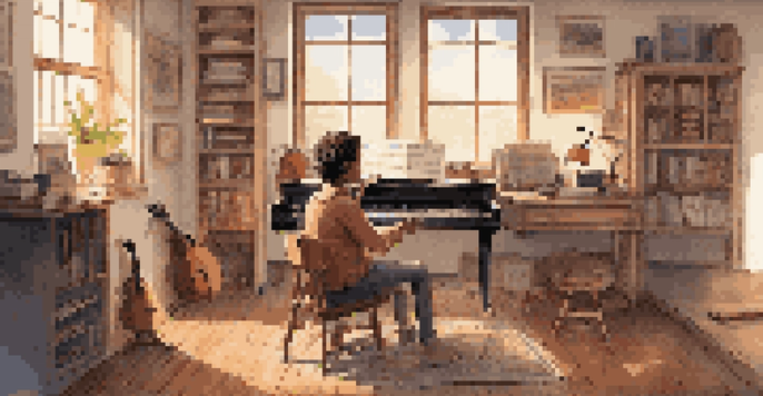 A young musician in a warm, inviting home office, engaged in an online music lesson with a guitar and sheet music around.