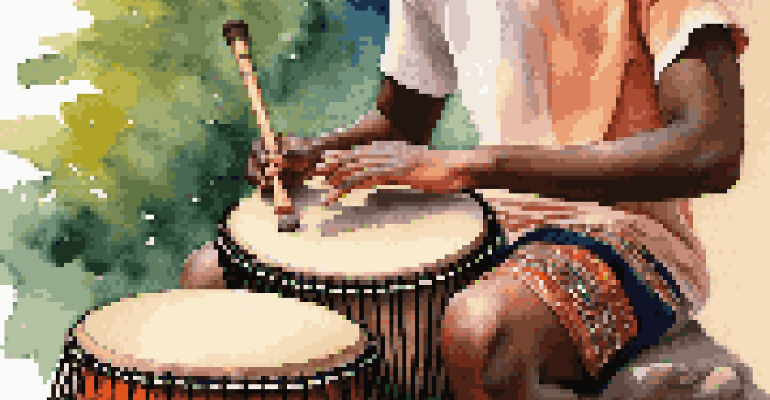 A student practicing traditional African drumming, showcasing the drum's vibrant colors and the student's focused expression in soft natural light.